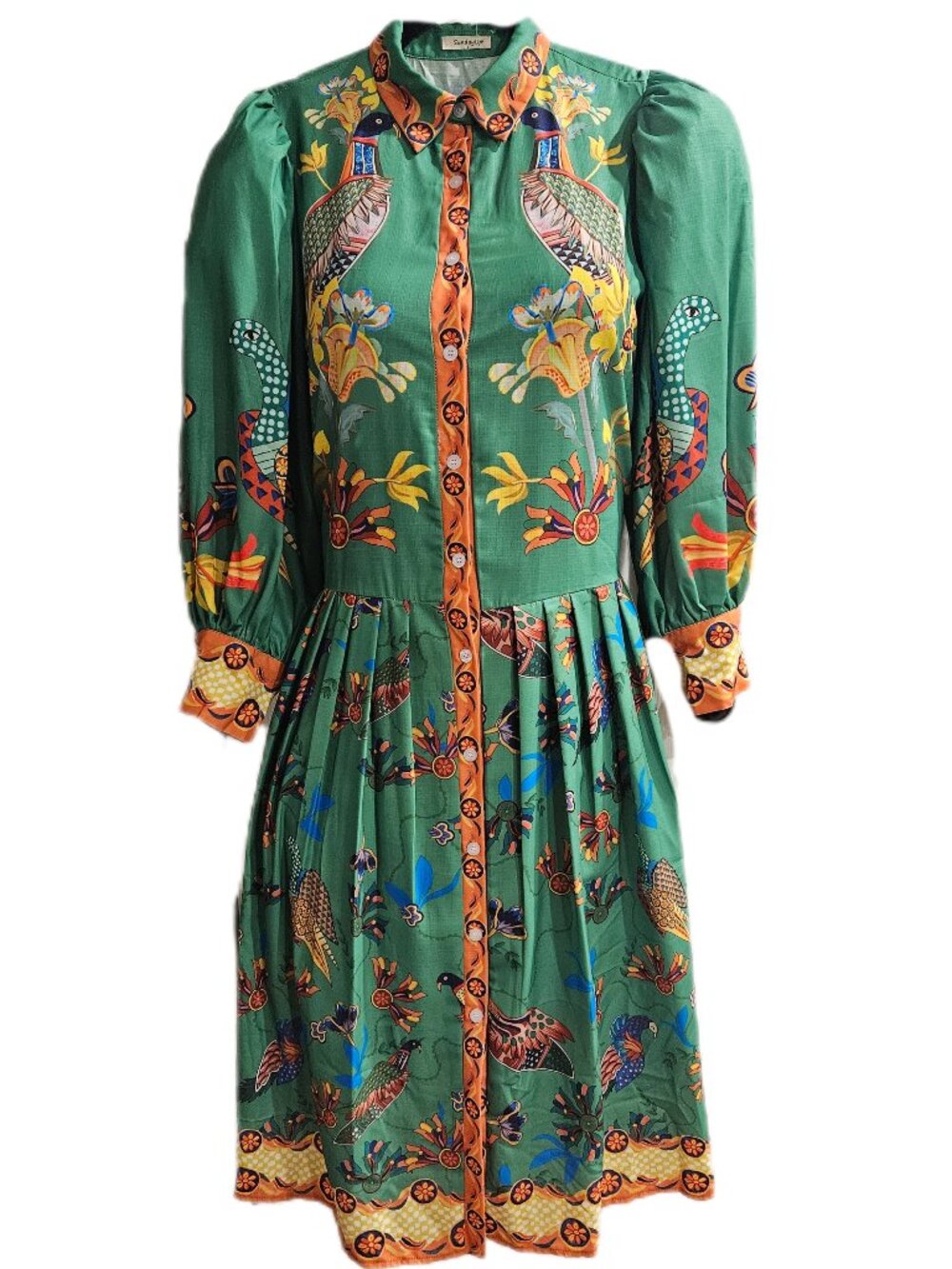Sunday Up Boho womens L green peacock button down midi dress 3/4 puff sleeves